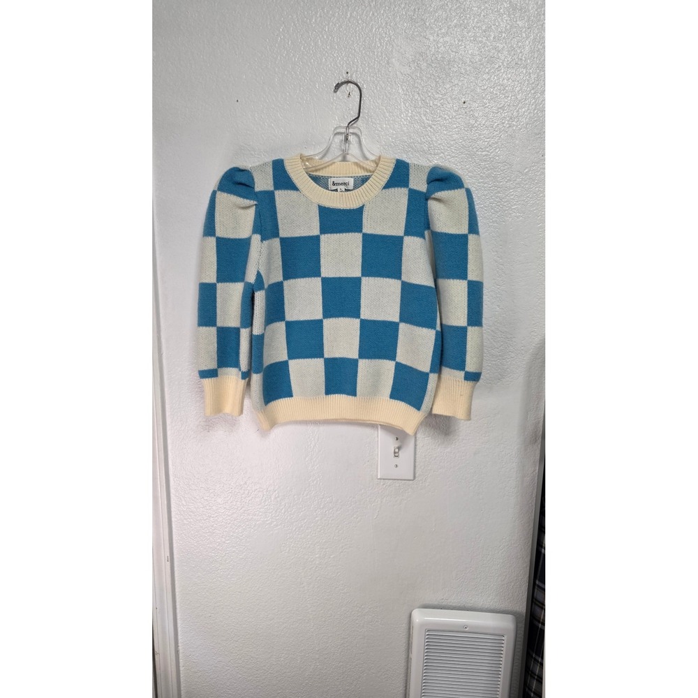 &merci Checkerboard Sweater Womens Large Blue Cream Excellent